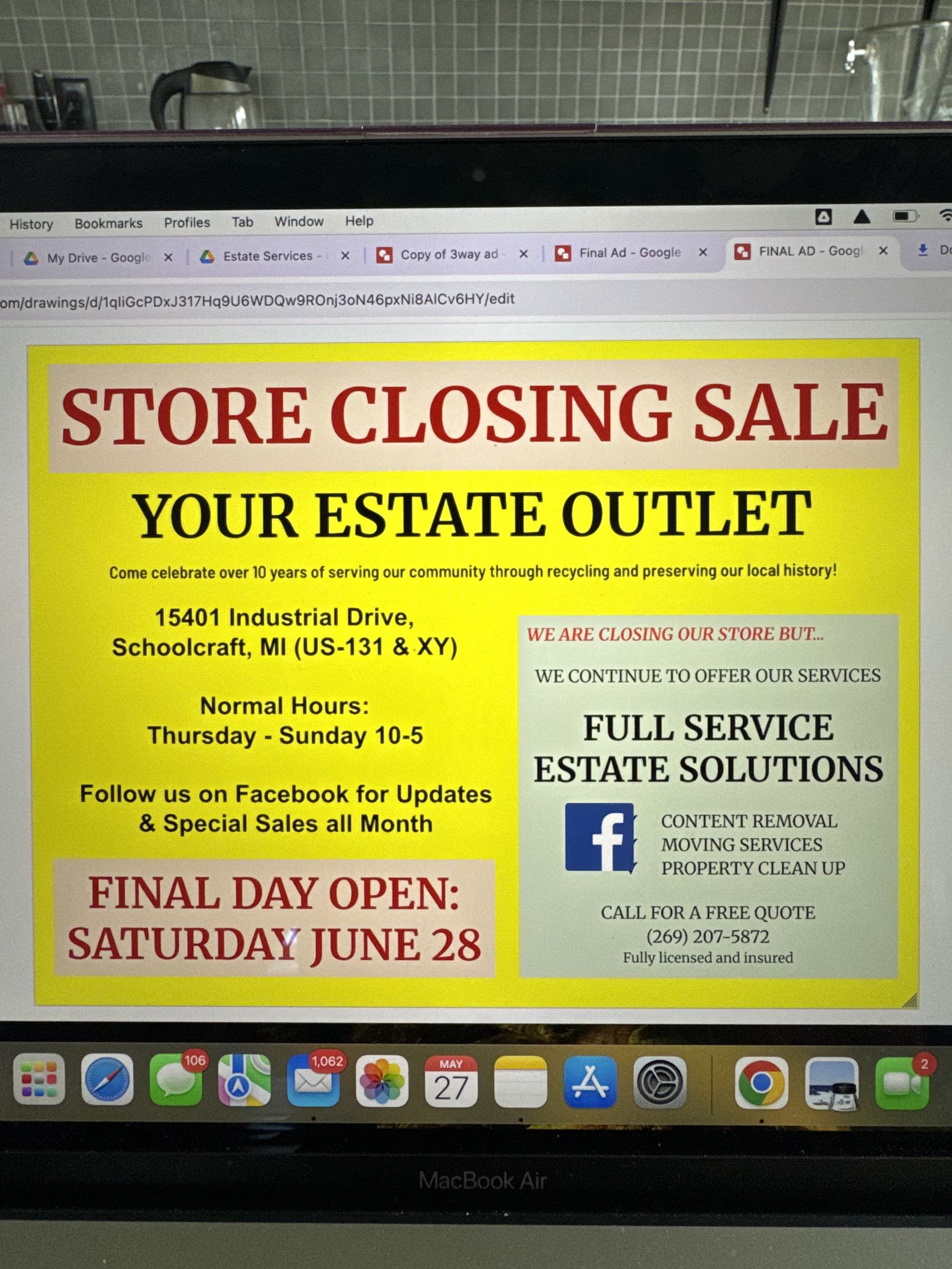 Store closing sale flyer for Your Estate Outlet with full-service estate solutions and final day Saturday, June 28.