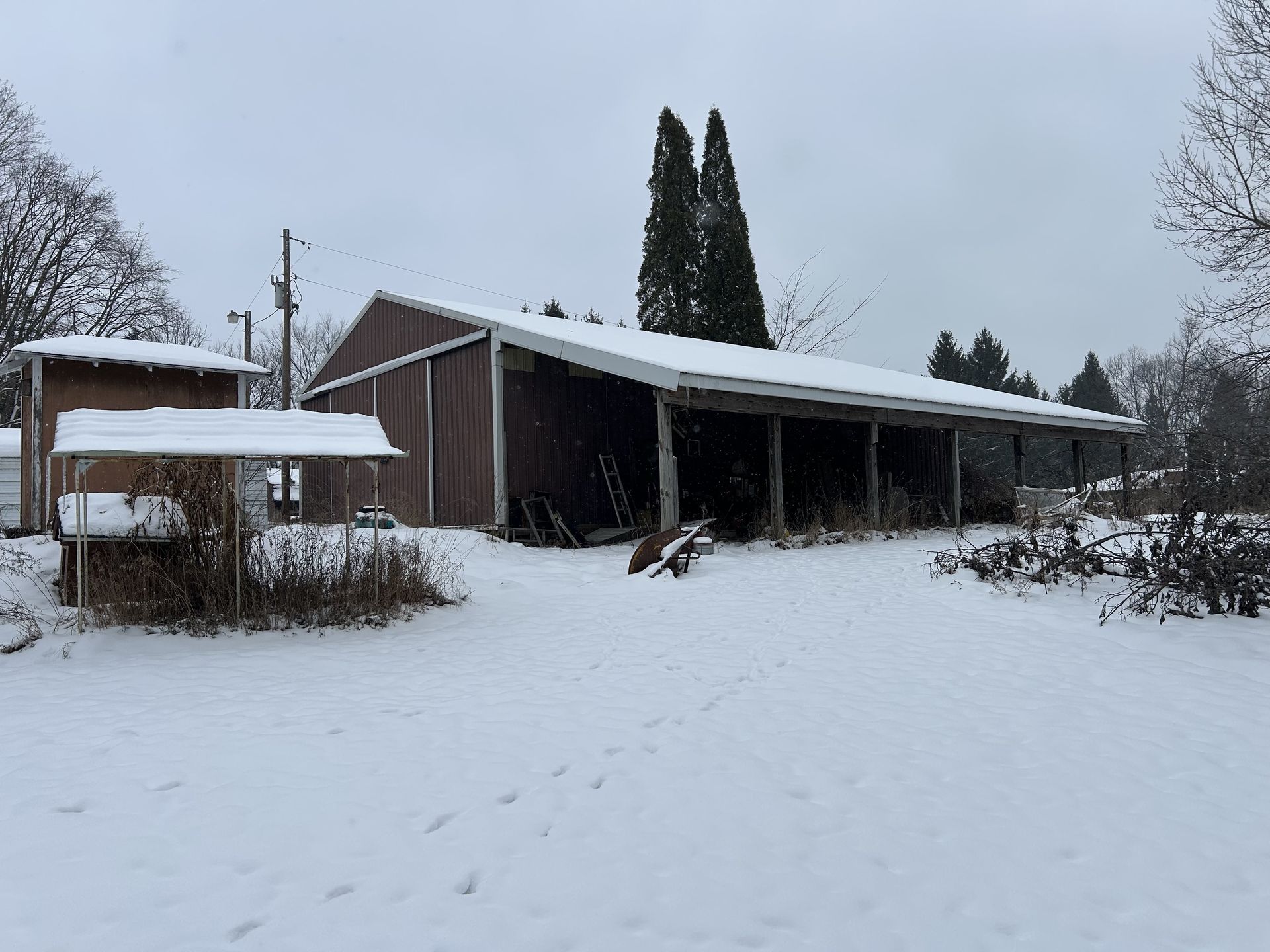 Snow-covered rural barn and outbuilding in a quiet winter landscape
