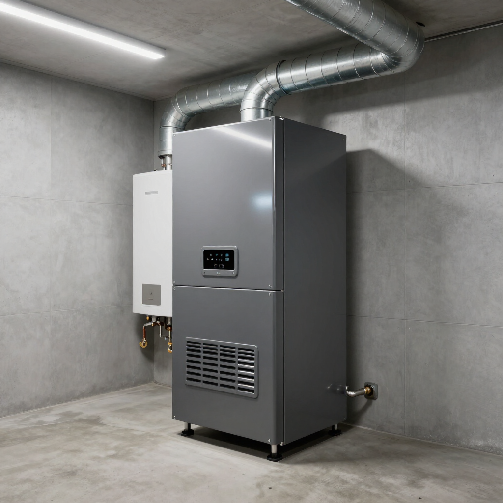 Large gray HVAC furnace with ducting in a concrete utility room