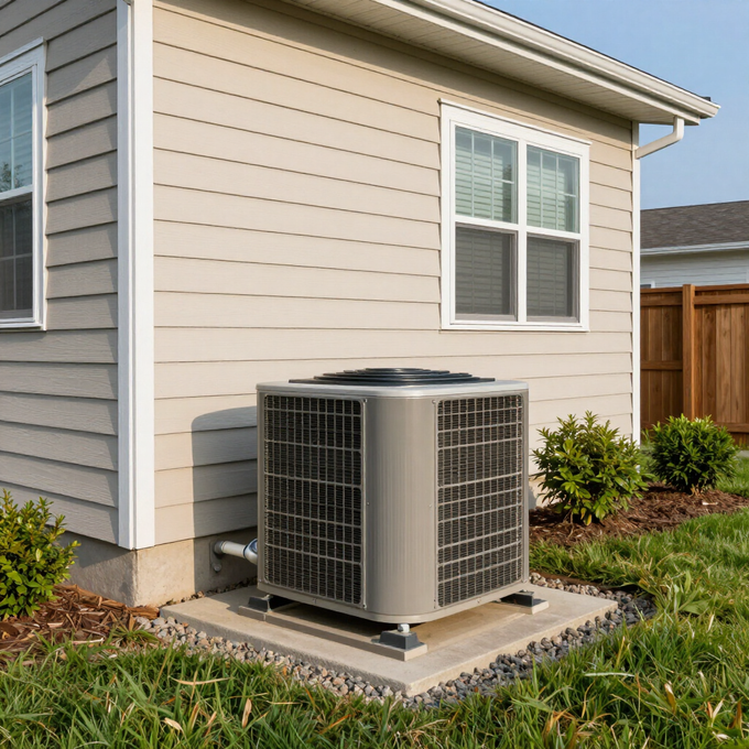 Outdoor air conditioner unit beside a beige house with white-trimmed window and wooden fence
