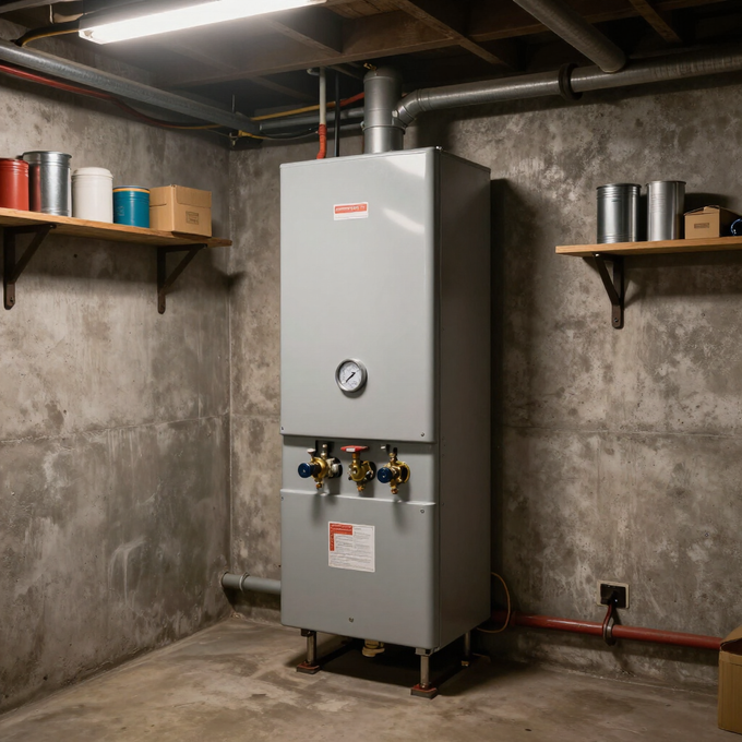 Industrial boiler room with gray equipment, red pipes, and a large cylindrical tank in a utility space
