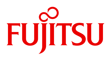 Fujitsu logo in red with stylized red infinity symbol above the wordmark