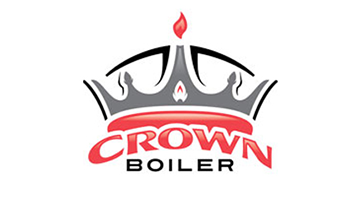 Crown Boiler logo with a gray crown and red flame above red and black text