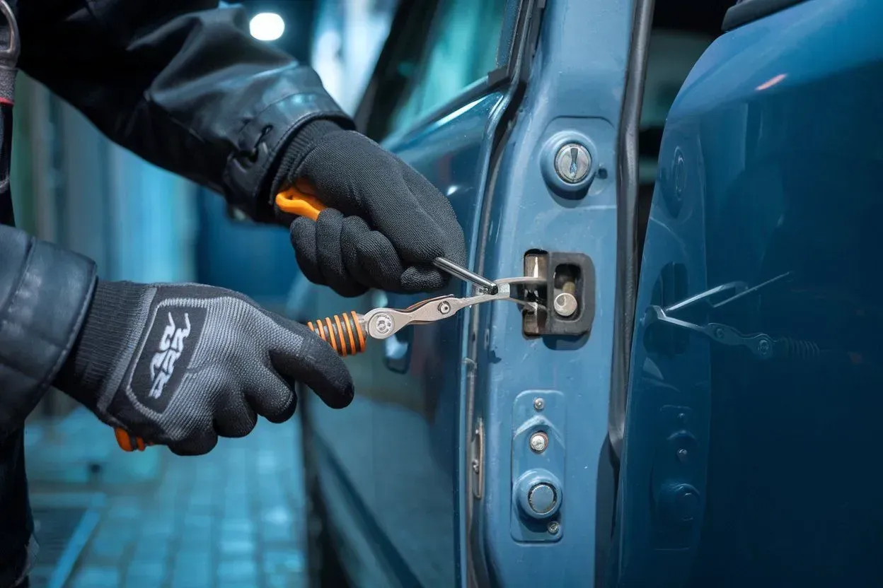 Gloved hands using a lock pick on a blue car door lock