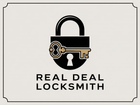 Real Deal Locksmith logo with black padlock and key on a cream background