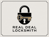 Real Deal Locksmith logo with black padlock and key on a cream background