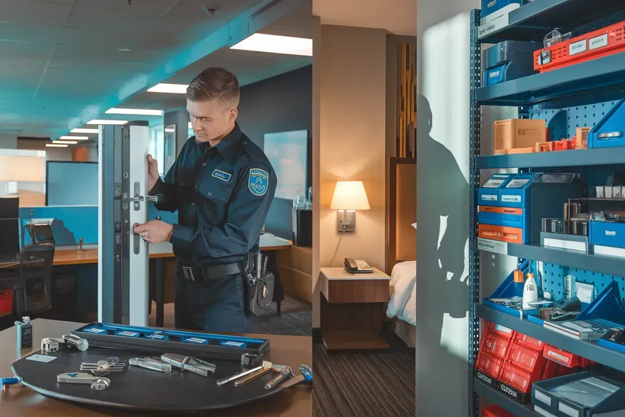 Police officer inspecting evidence in a locker room with shelves of boxed supplies.