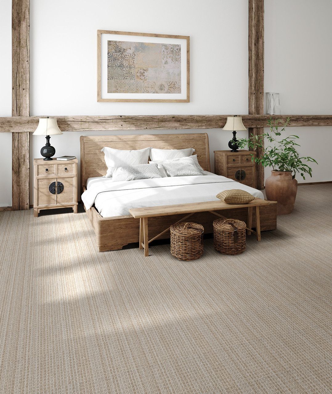 Bedroom with wooden bed, nightstands, and textured rug, with a bench, baskets, and artwork on the wall.