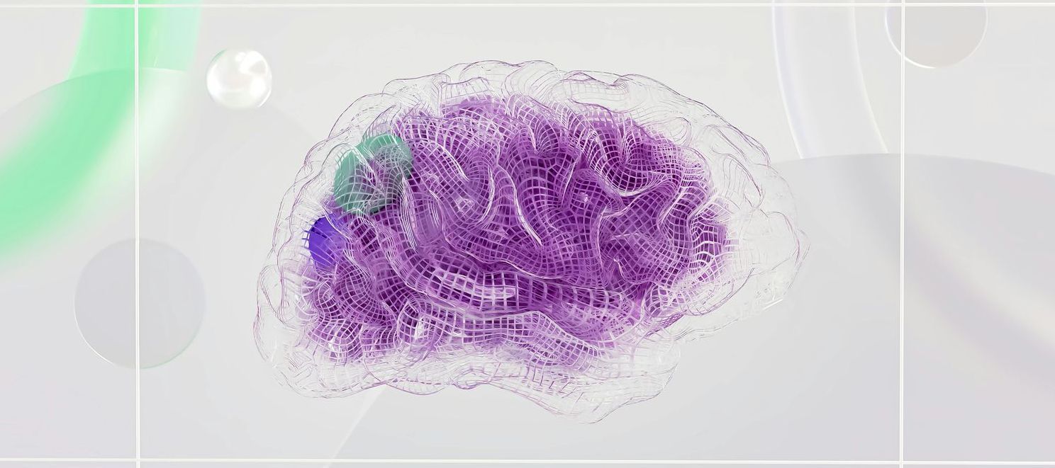 Abstracted brain rendering with purple and green coloring.