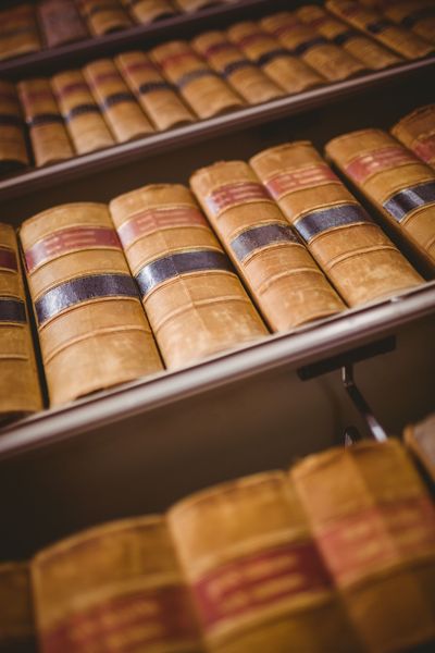 Rows of antique leather-bound books on shelves in a library or archive, with gold and red spines.