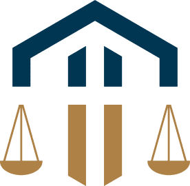 Blue house roof with gold scales of justice and pillars logo