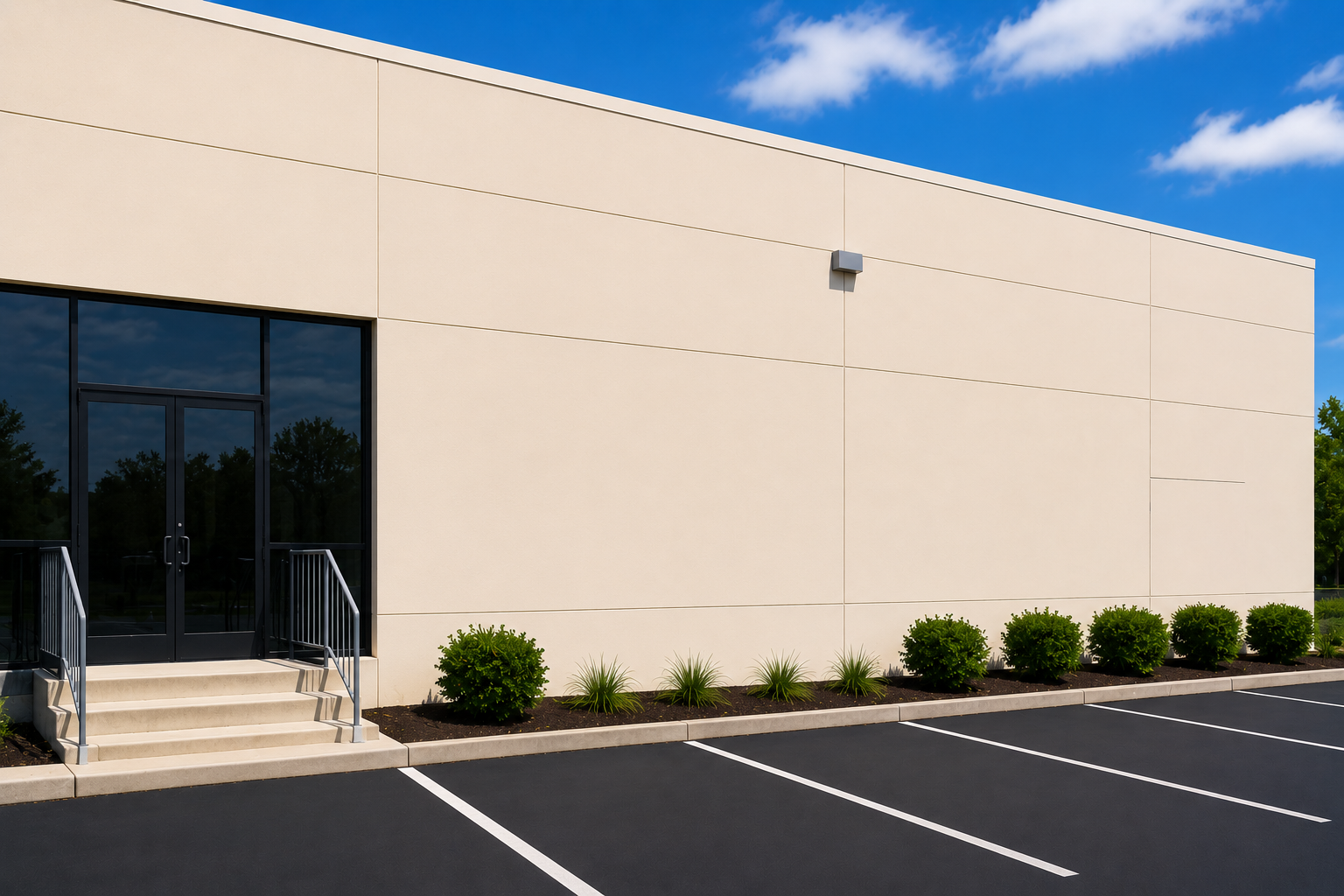 Modern beige commercial building with glass entrance, steps, shrubs, and empty parking spaces