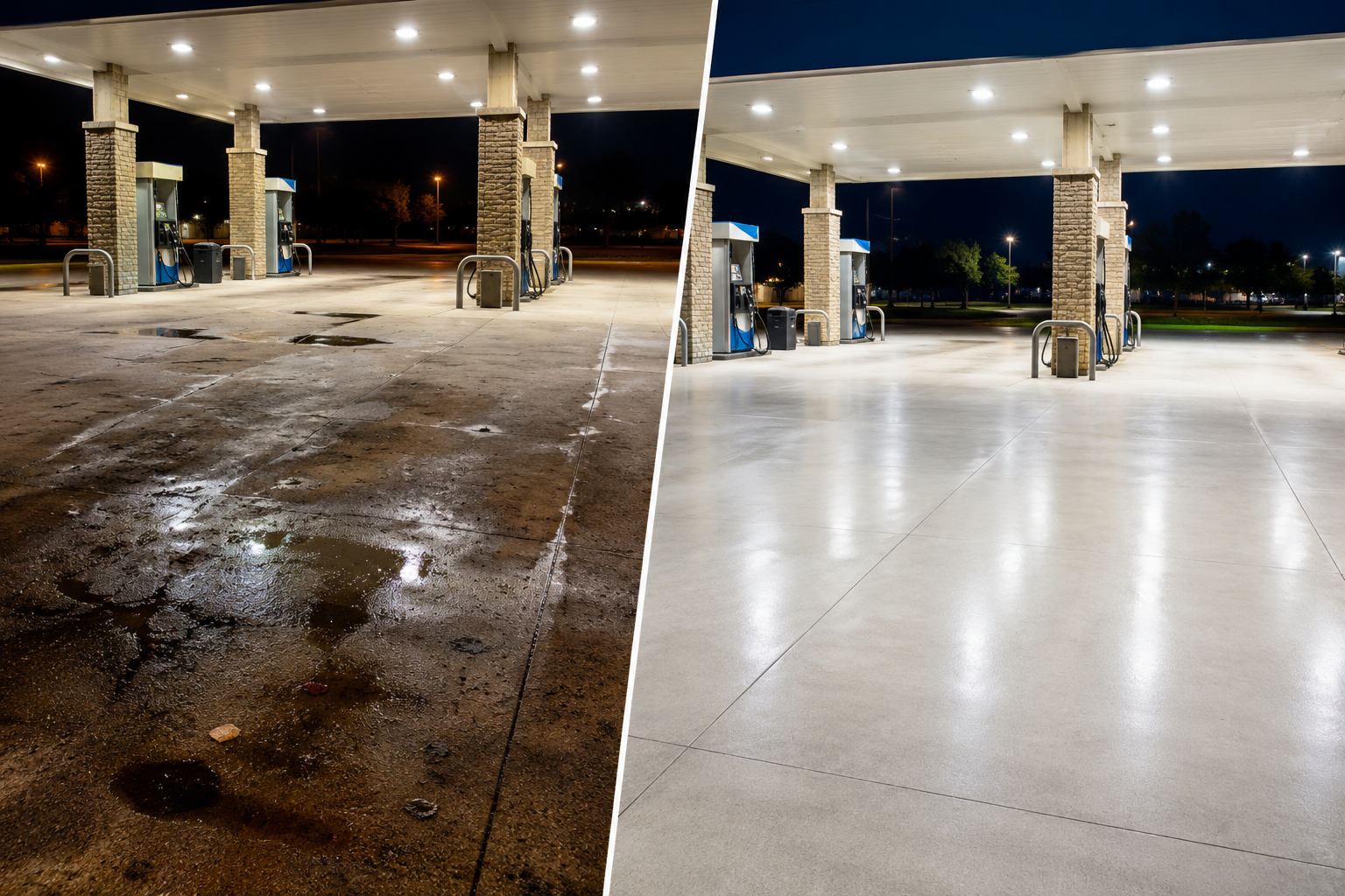 Gas station canopy at night, showing wet pavement on the left and clean white concrete on the right.