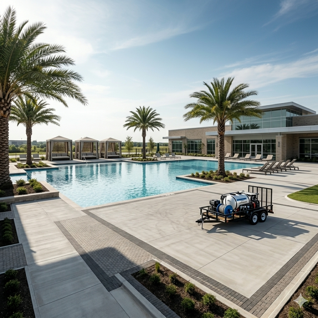 Modern resort pool with palm trees, lounge chairs, and a wheelchair on the deck