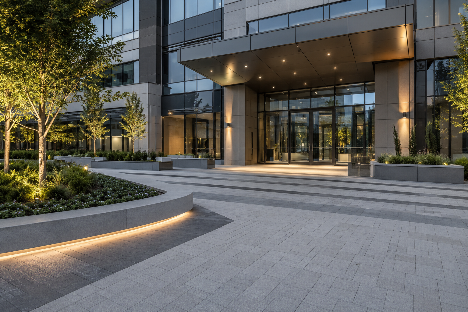 Modern office building entrance with glass doors, steps, and landscaped planters at dusk