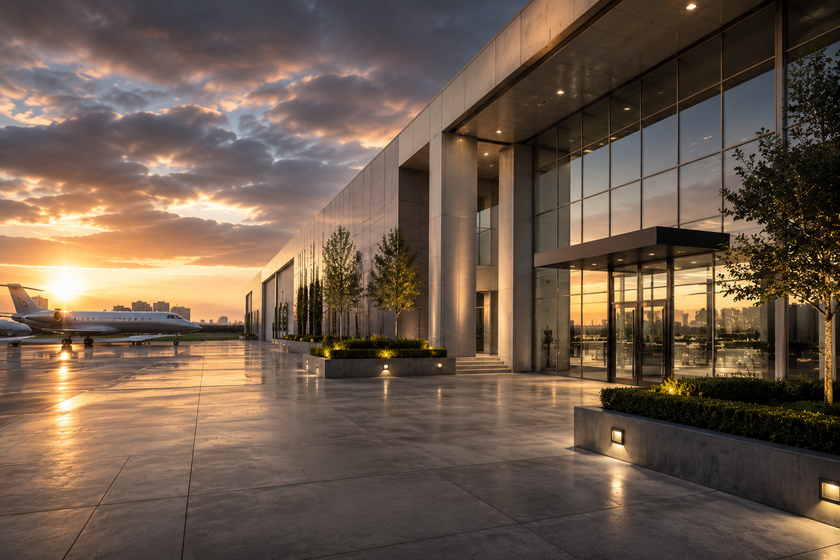 Modern glass building at sunset with wet stone courtyard and warm reflections