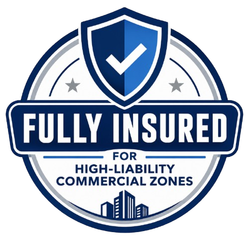 Blue shield logo reading “Fully Insured” for high-liability commercial zones, with buildings icon.