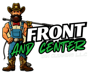 Logo of a cartoon farmer holding a rifle, with “FRONT AND CENTER” text in bold black and green