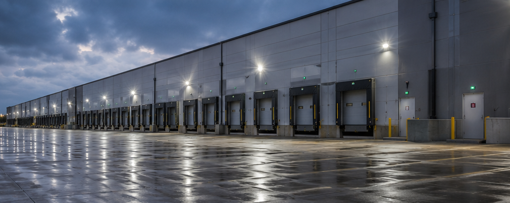 Large warehouse loading docks at dusk, with wet pavement reflecting lights