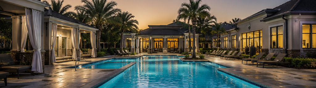 Luxury resort pool at dusk, flanked by palm trees and lit cabanas under a warm sunset sky