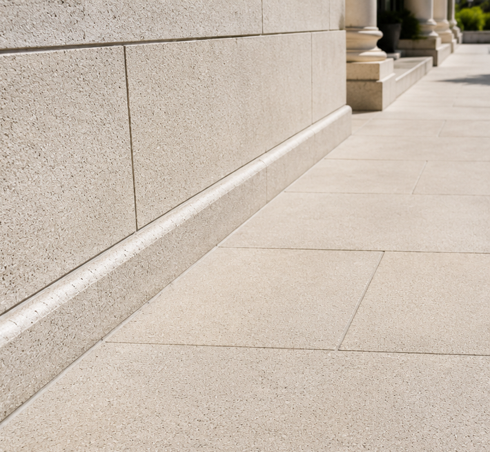 Stone building wall beside a sunlit concrete walkway with a curb
