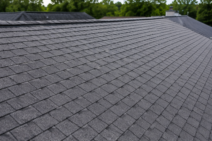 Gray shingled roof with tree line in the background