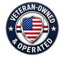 Veteran-owned and operated badge with shield, stars, and red, white, and blue American flag design
