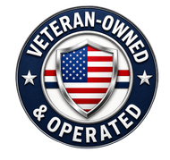 Veteran-owned and operated badge with shield, stars, and red, white, and blue American flag design