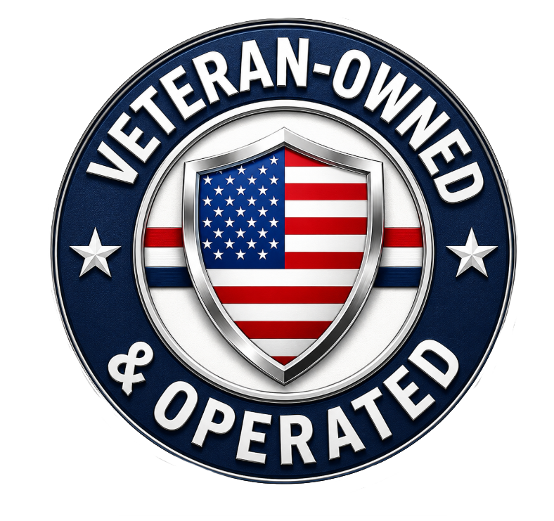 Veteran-owned and operated badge with a shield and American flag in blue, white, and red