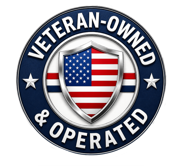 Veteran-owned and operated badge with a shield and U.S. flag colors