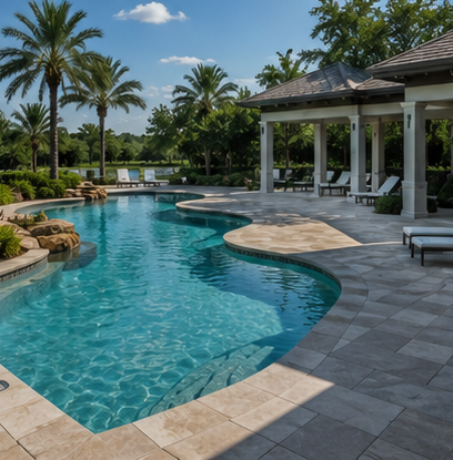 Luxury backyard pool with curved turquoise water, palm trees, and a white pavilion patio