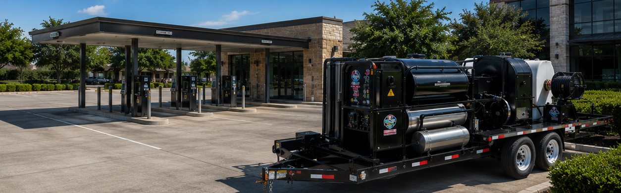 Flatbed tow truck carrying a black SUV under a gas station canopy in a parking lot