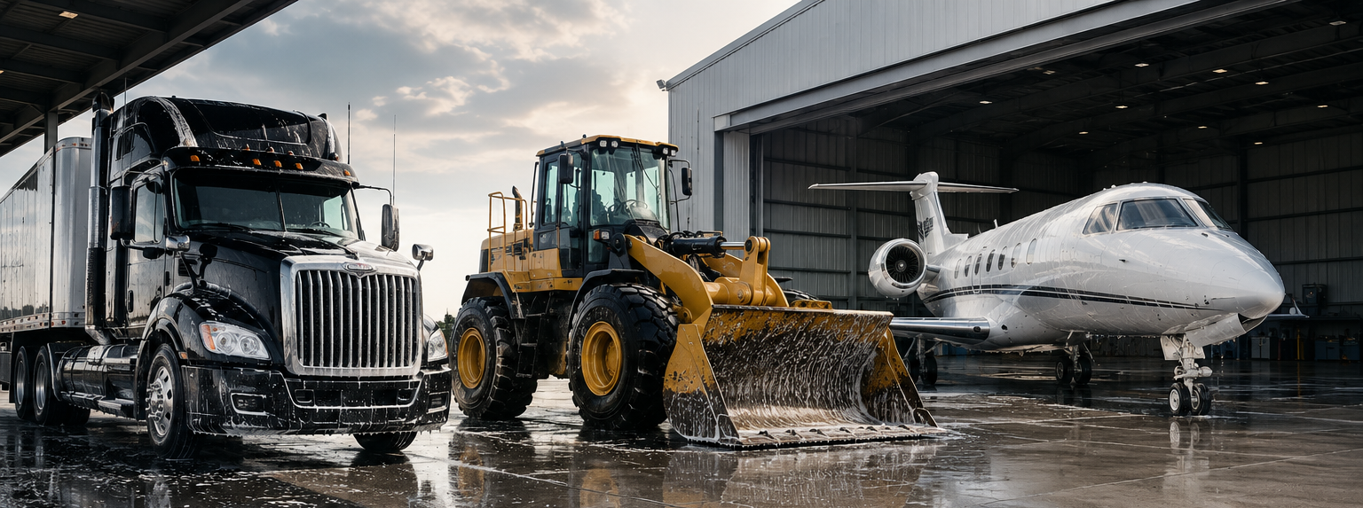 Truck and loader in front of a hangar beside a small jet on a wet tarmac