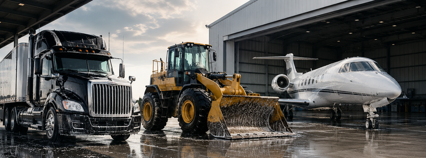 Heavy truck, front loader, and private jet parked in a wet hangar under overcast skies