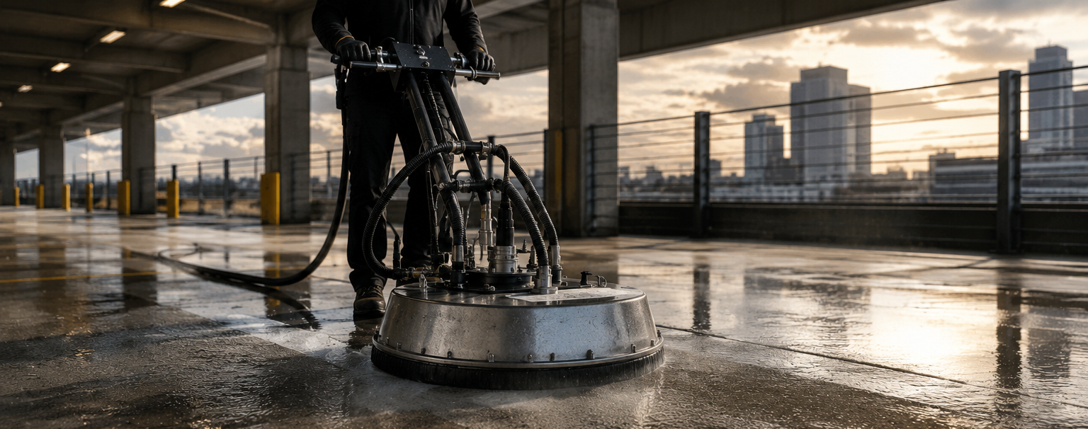 Pressure washing concrete under an overpass, with wet pavement and city buildings in the background