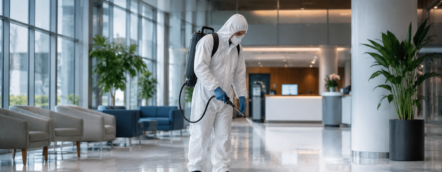 Worker in white protective suit disinfecting a modern lobby with a sprayer tool
