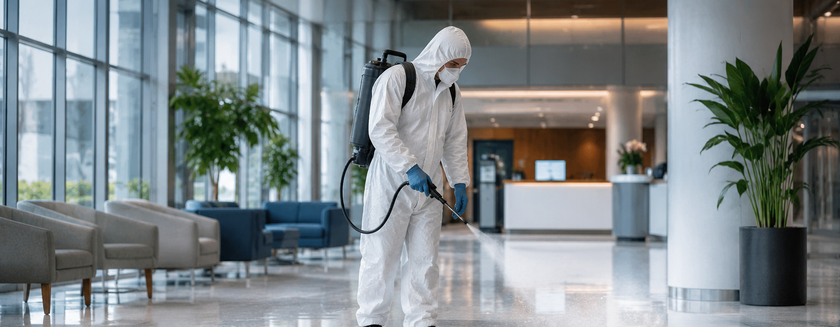 Worker in white protective suit disinfecting a modern office lobby with a sprayer