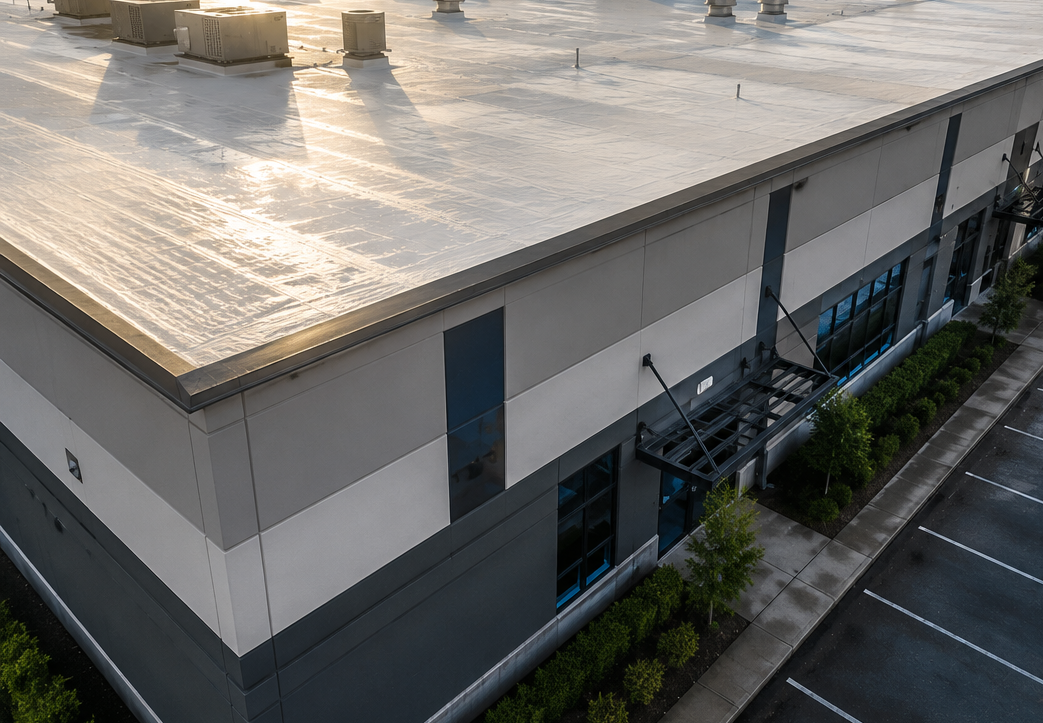 Aerial view of a white industrial building with a reflective roof beside a parking lot and greenery.