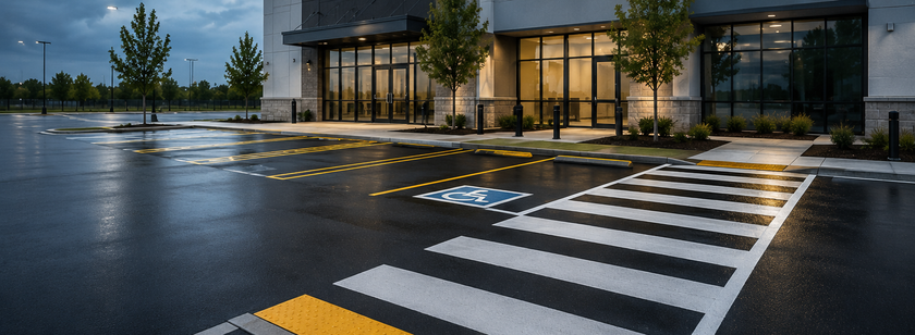 Rainy parking lot with a zebra crosswalk and lit building entrance at dusk