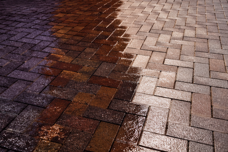 Wet brick pavement with a dark damp streak running diagonally across it
