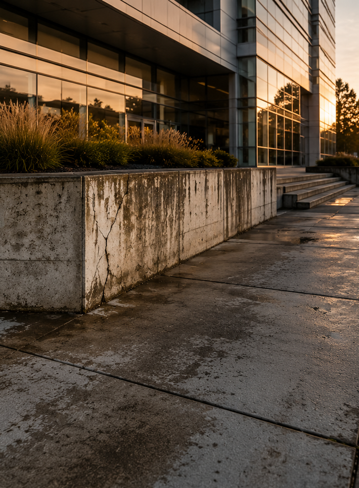 Sunlit concrete walkway beside a modern glass building and planter wall at sunset