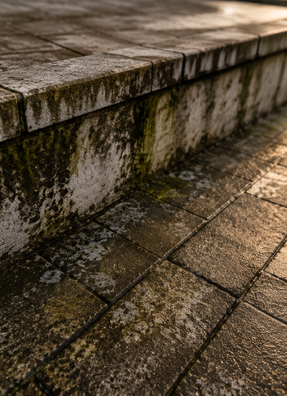 Moss-covered stone steps and wet pavement in muted brown tones