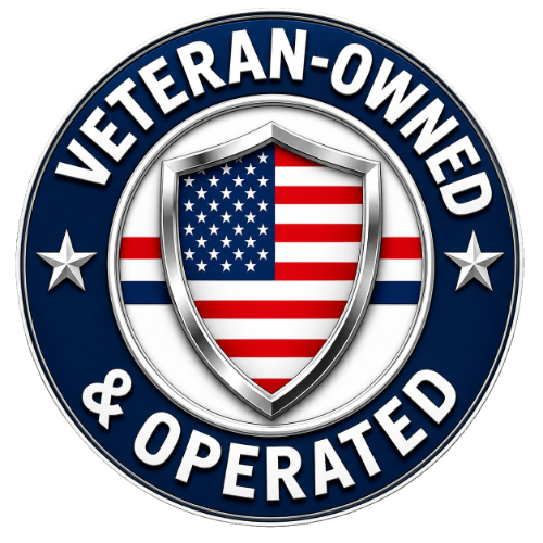 Veteran-owned and operated emblem with a shield in red, white, and blue star-and-stripe design