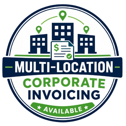 Multi-location corporate invoicing badge with buildings, invoice icon, and green-blue text