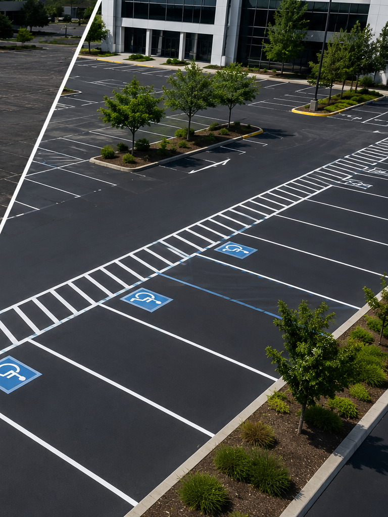 Empty parking lot with marked accessible spaces beside a modern office building.