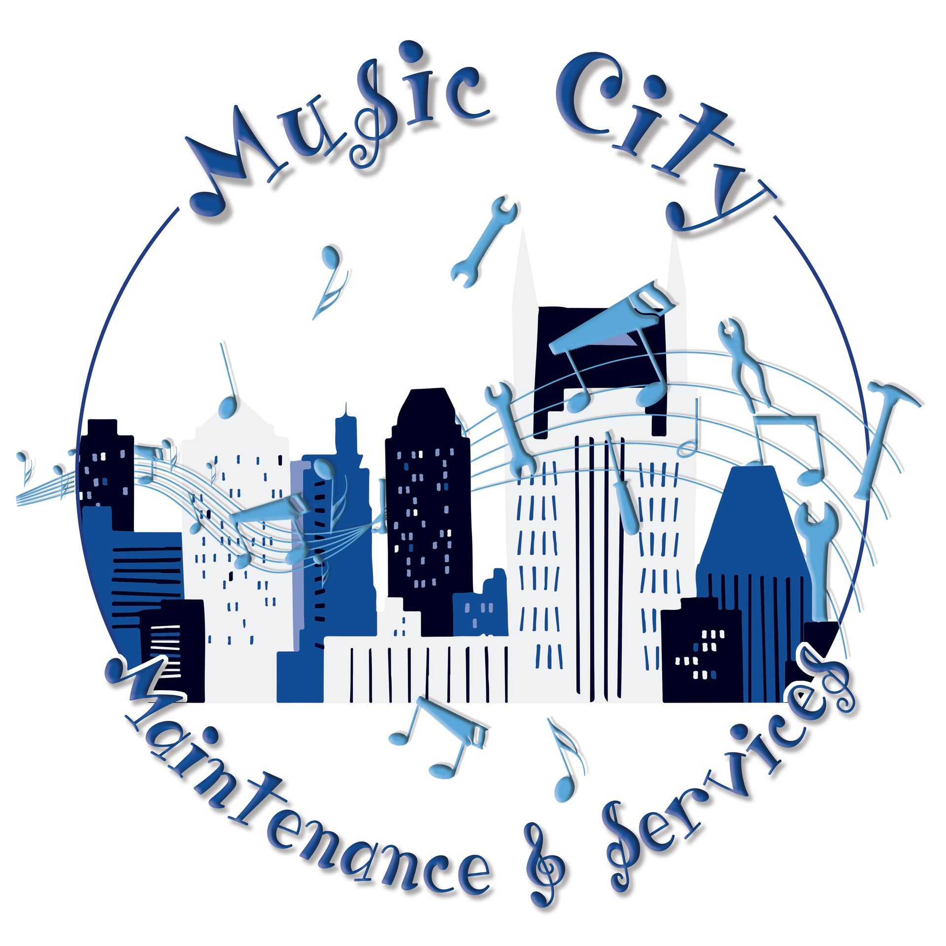 Logo for Music City Maintenance Services: a Nashville skyline with tools and musical notes in blue.