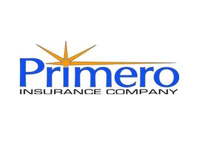 Primero Insurance Company logo. Blue text with stylized sunburst design.