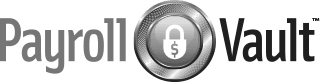Payroll Vault logo with gray text and a silver vault door icon in the center