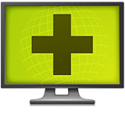 Computer monitor icon with bright green screen and dark green medical cross symbol