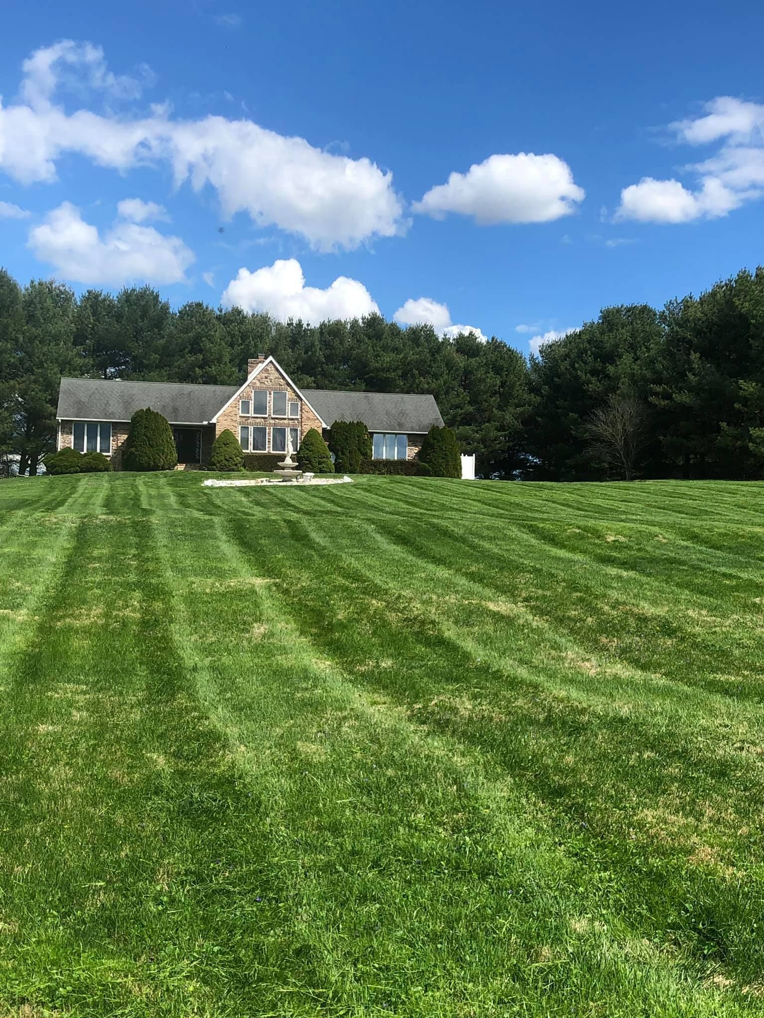 A large lush green field with a house in the background.